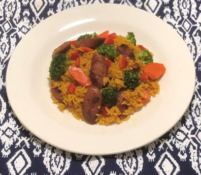 Hot Sausage with Broccoli, Carrots and Yellow Rice