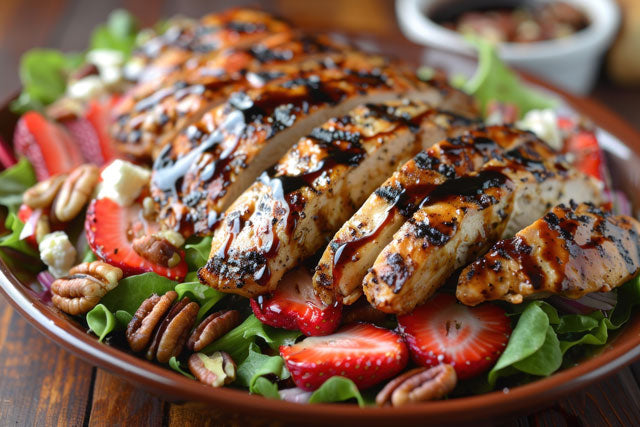 Sweet and Spicy Strawberry, Chicken and Spinach Salad