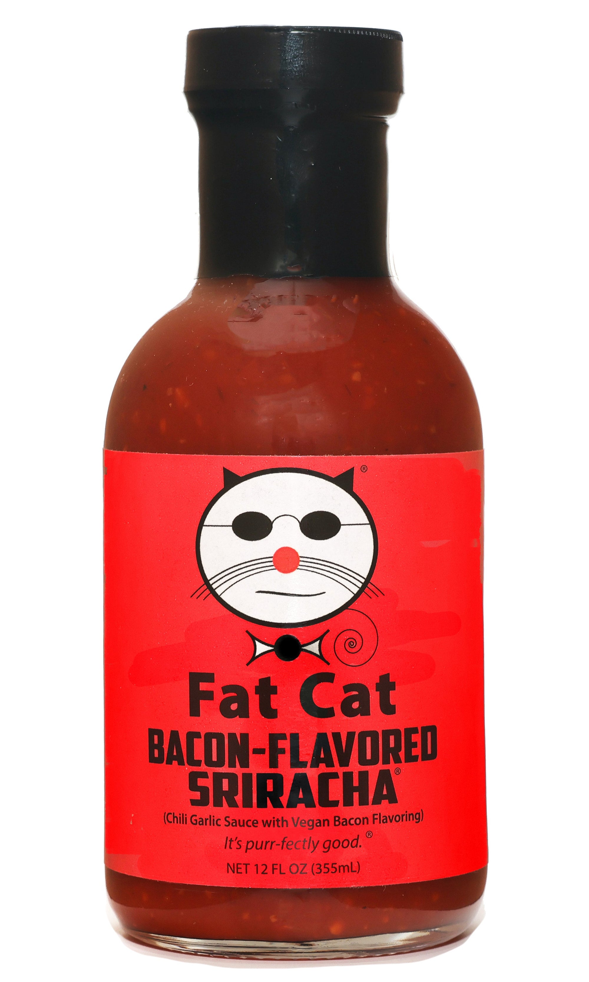 Bottle of Fat Cat Bacon-Flavored Sriracha sauce on a white background