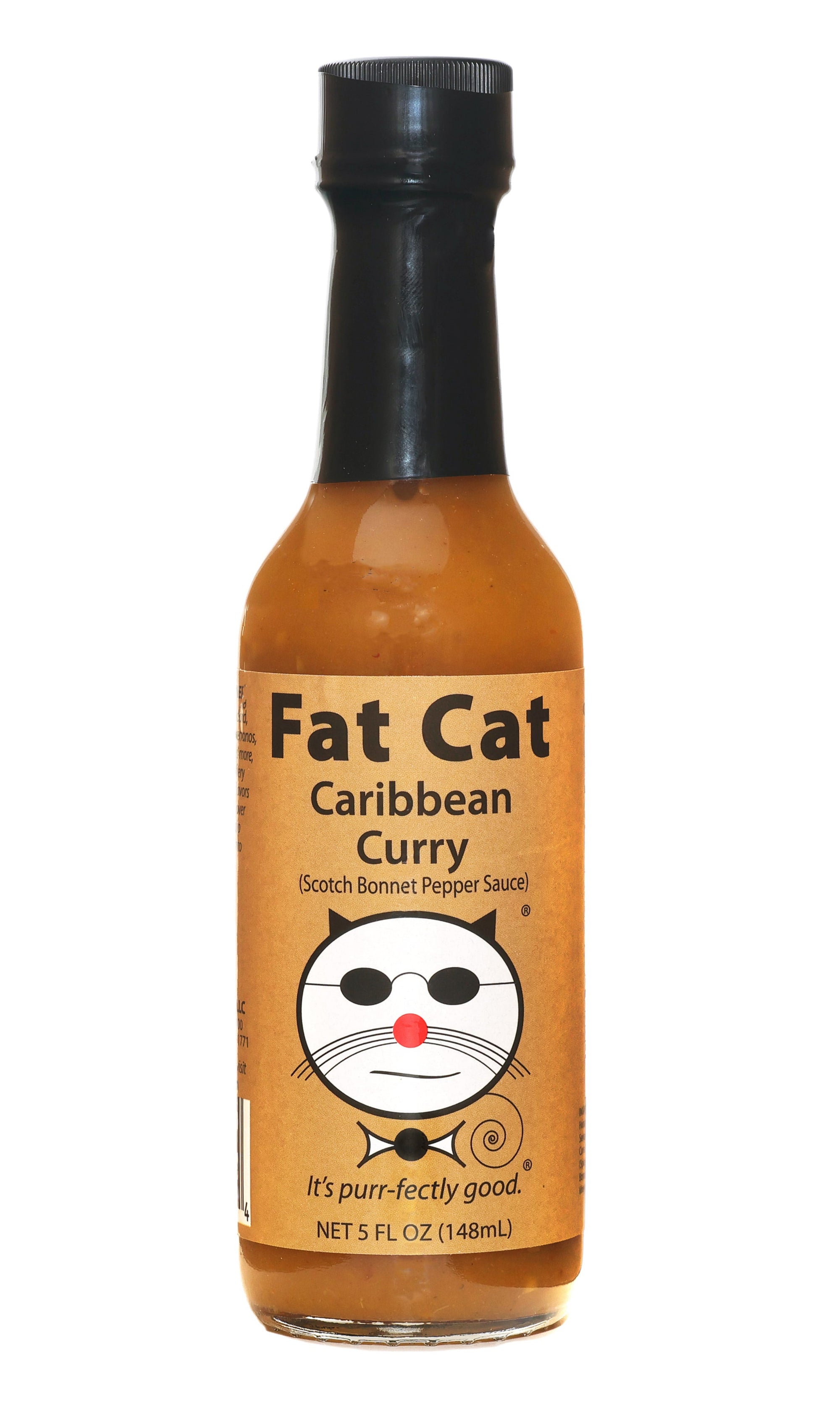Fat Cat Caribbean Curry sauce bottle on a white background
