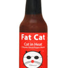 Bottle of Fat Cat Cat in Heat hot sauce on a white background