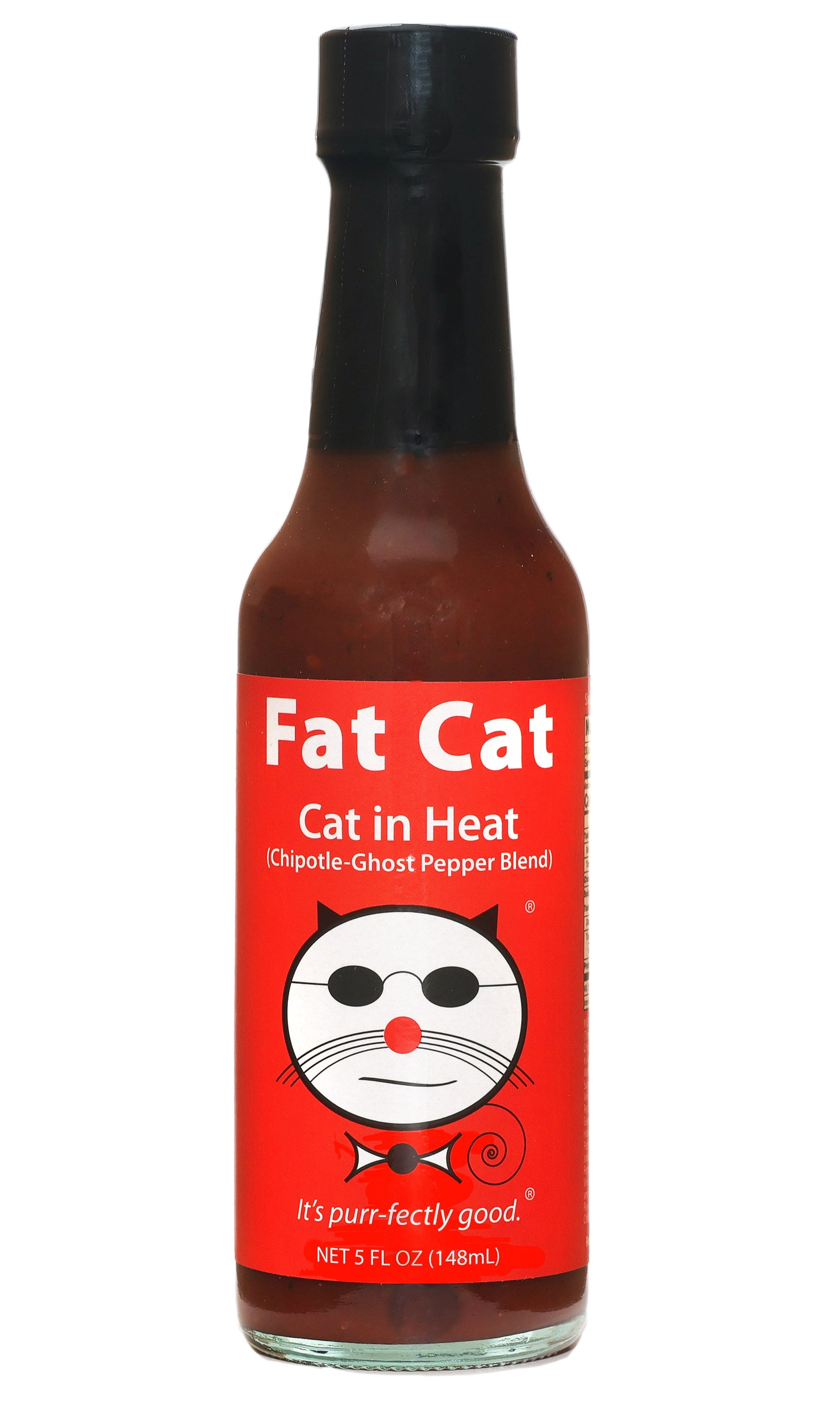 Bottle of Fat Cat Cat in Heat hot sauce on a white background