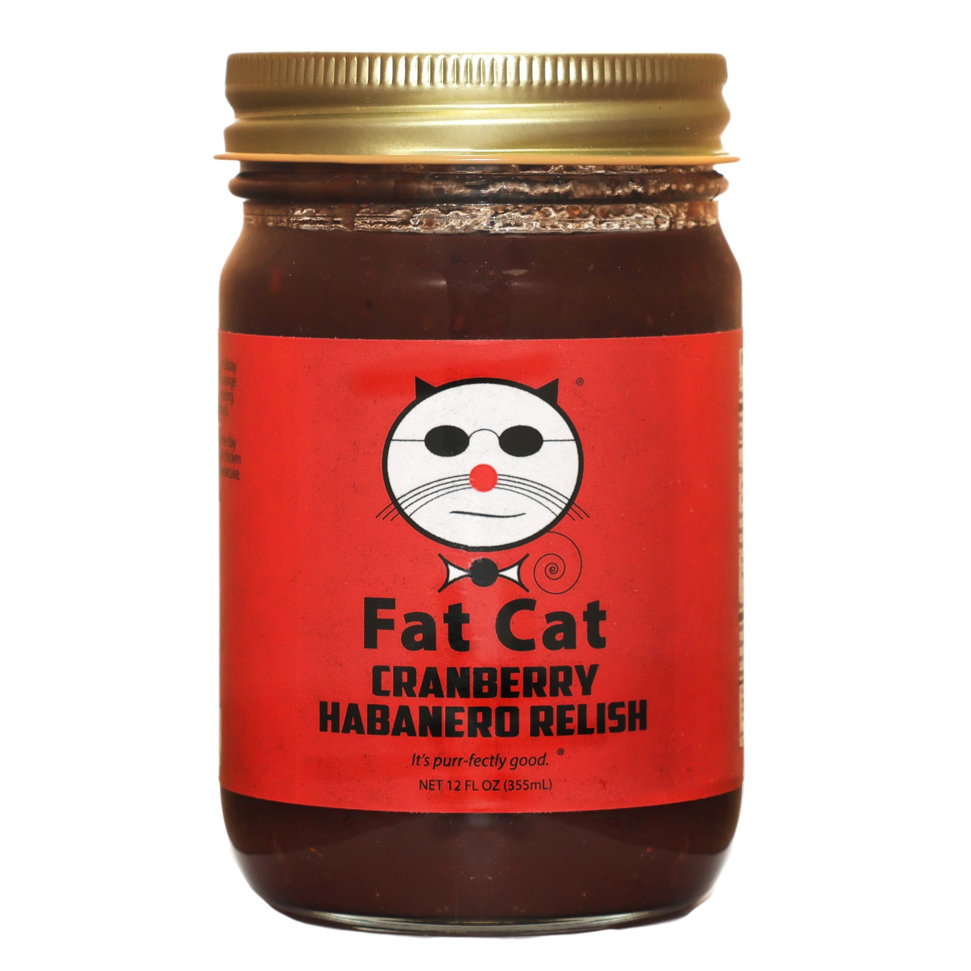 Jar of Fat Cat Cranberry Habanero Relish with red label and gold lid on white background