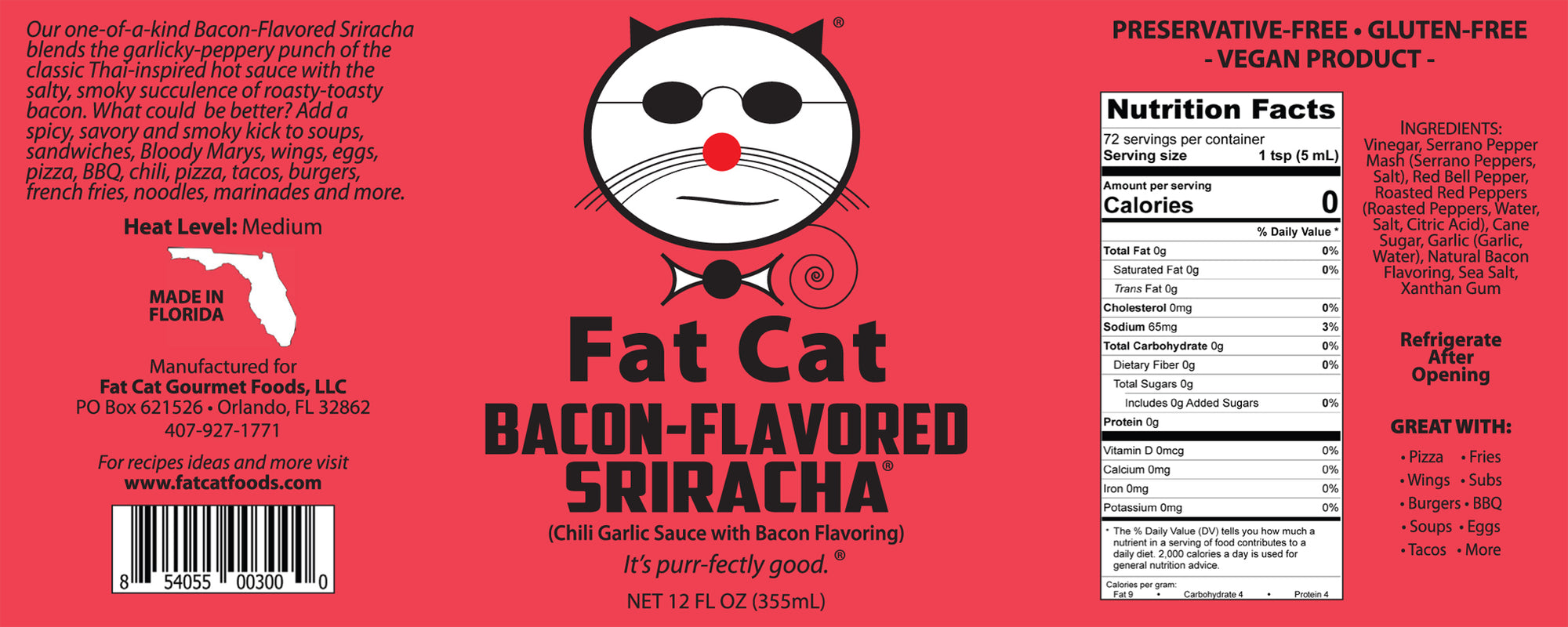 Bacon-Flavored Sriracha Chili Garlic Sauce with Bacon Flavoring (Vegan) - Fat Cat Gourmet Hot Sauce & Specialty Condiments