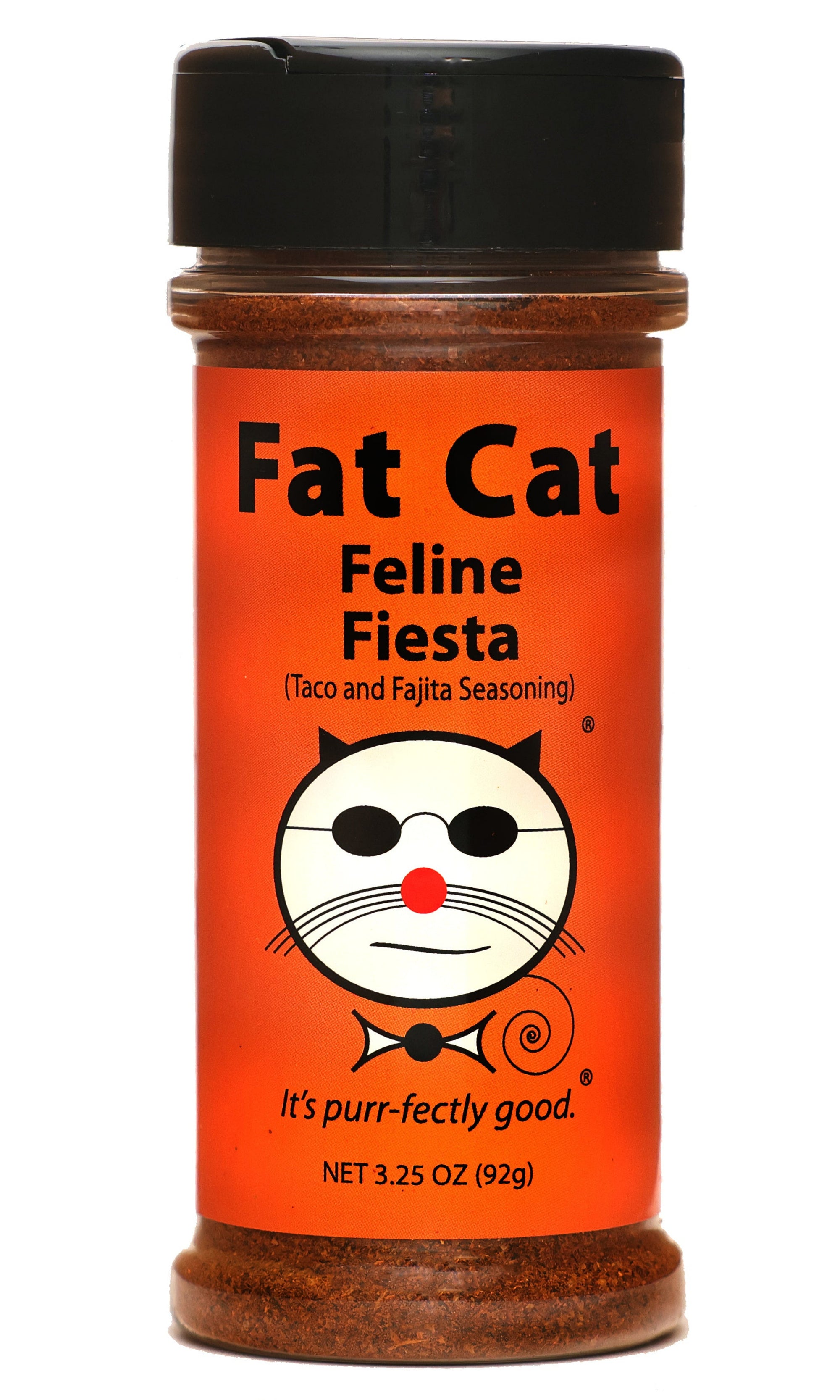 Jar of Fat Cat Feline Fiesta Taco and Fajita Seasoning on a white background