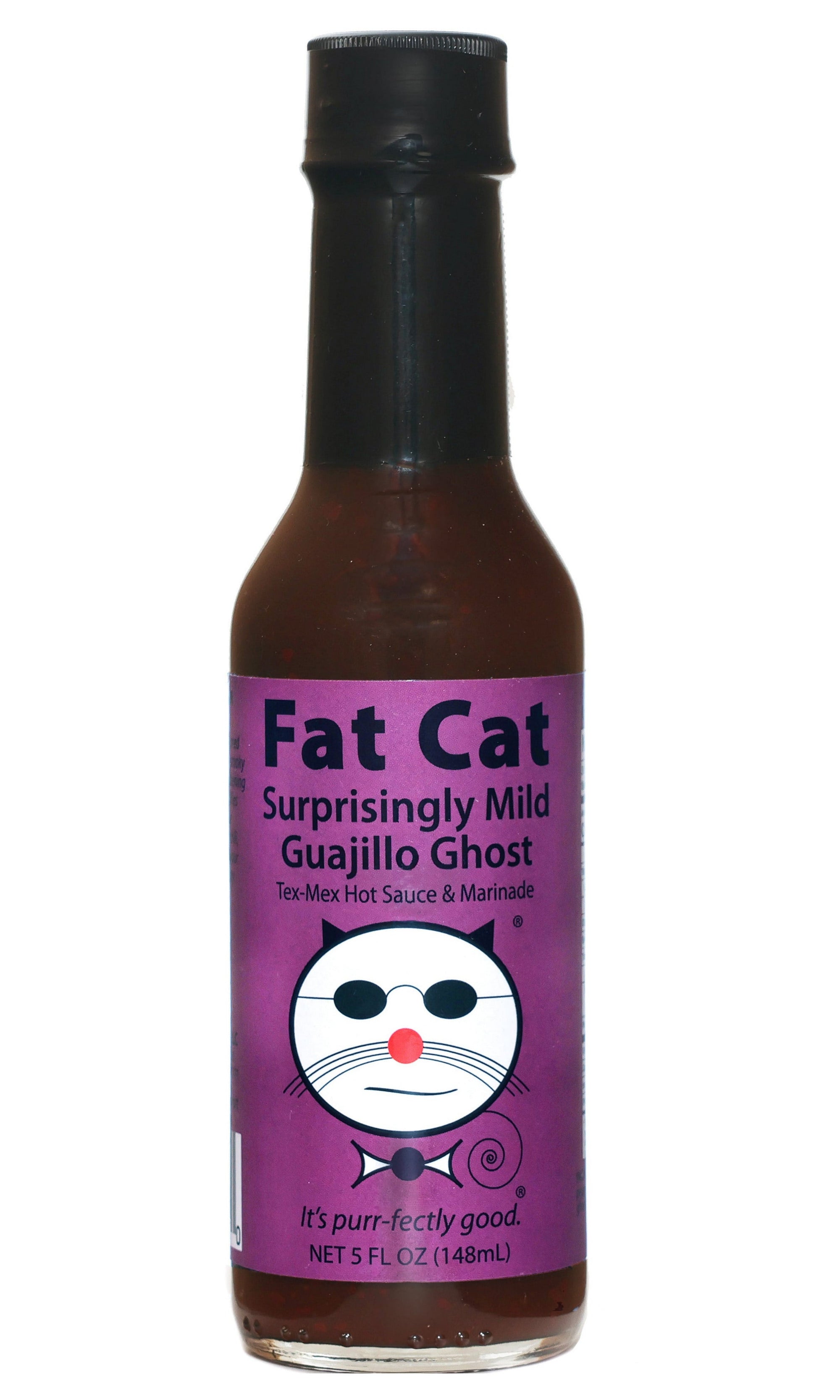 Bottle of Surprisingly Mild Guajillo Ghost Tex-Mex Hot Sauce and Marinade by Fat Cat on a white background