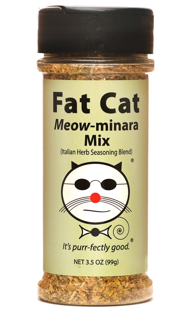 Jar of 'Fat Cat Meow-minara Mix' Italian Herb Seasoning Blend on a white background