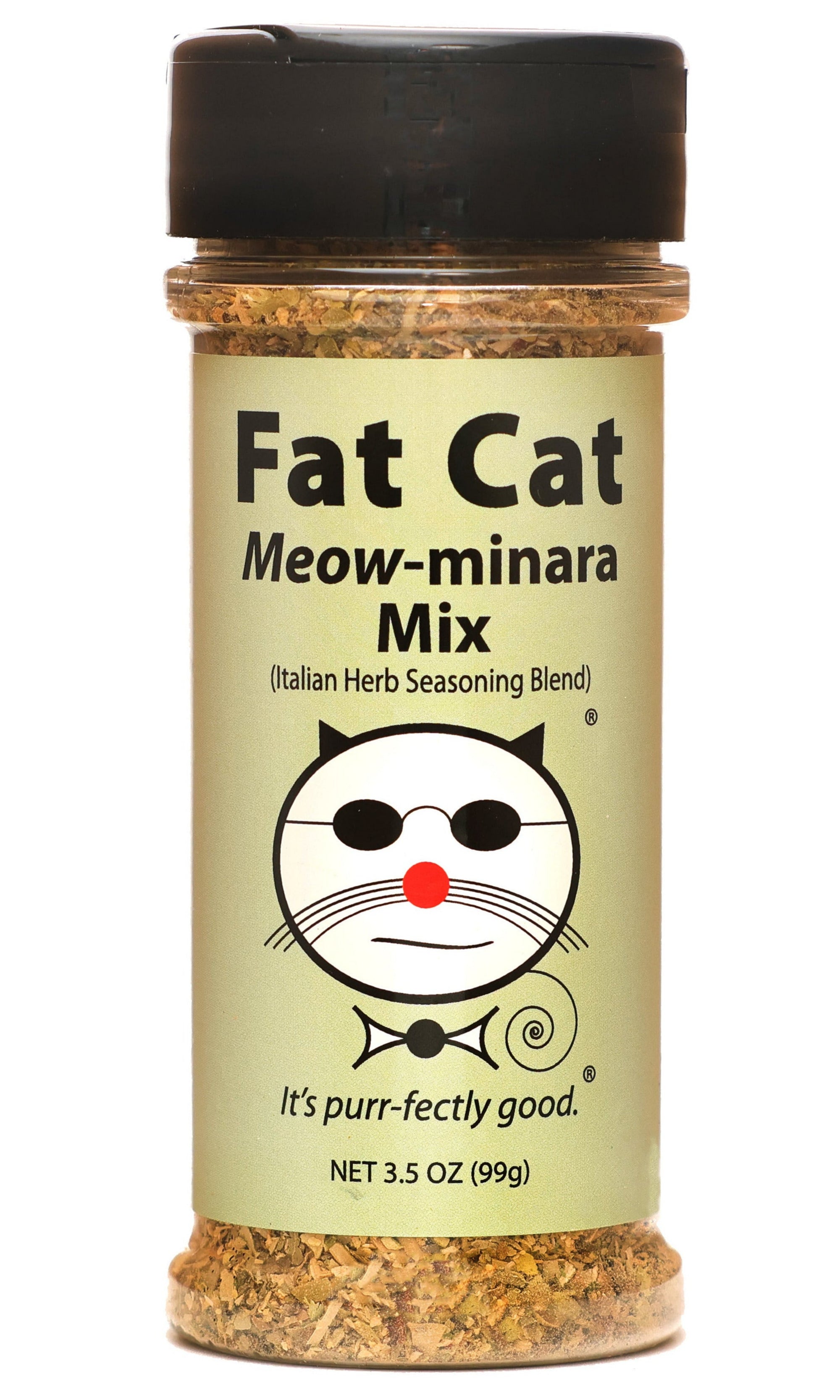 Jar of 'Fat Cat Meow-minara Mix' Italian Herb Seasoning Blend on a white background