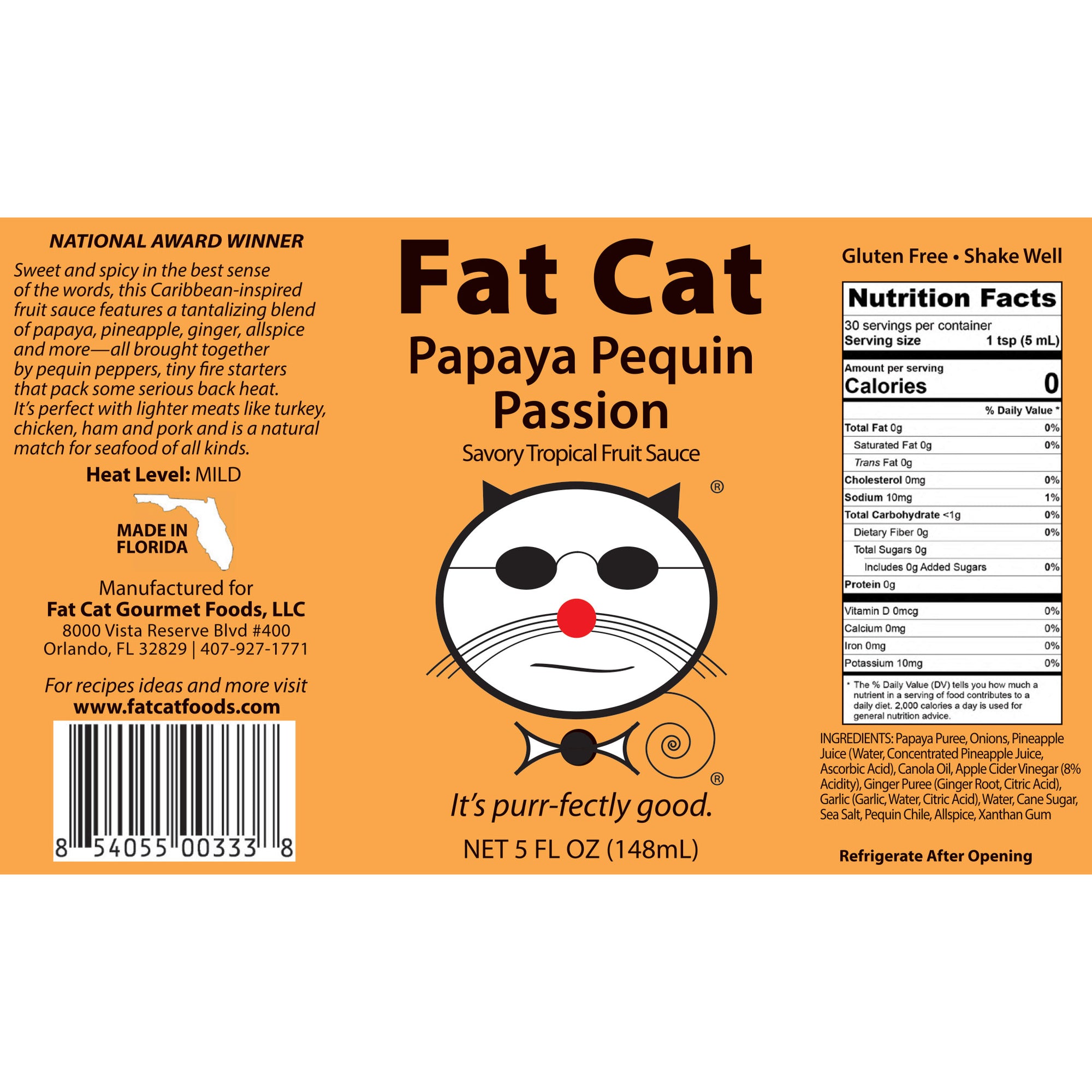 Papaya Pequin Passion Savory Fruit Hot Sauce - Fat Cat Gourmet Hot Sauce & Specialty Condiments