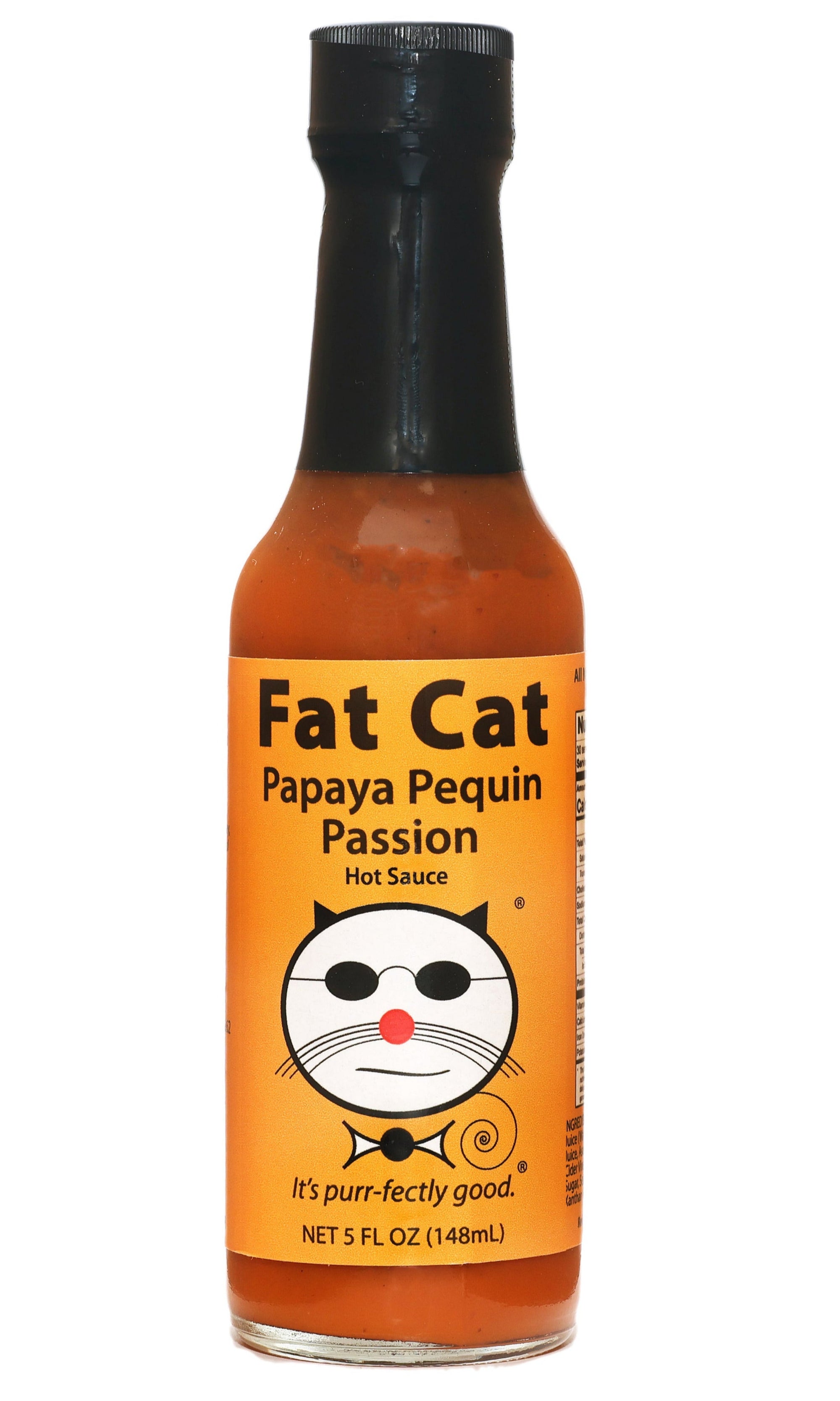 Fat Cat Papaya Pequin Passion hot sauce bottle on a white background