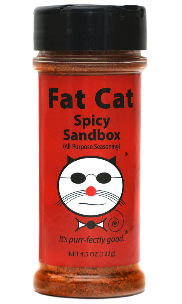 Jar of Fat Cat Spicy Sandbox All Purpose Seasoning on a white background