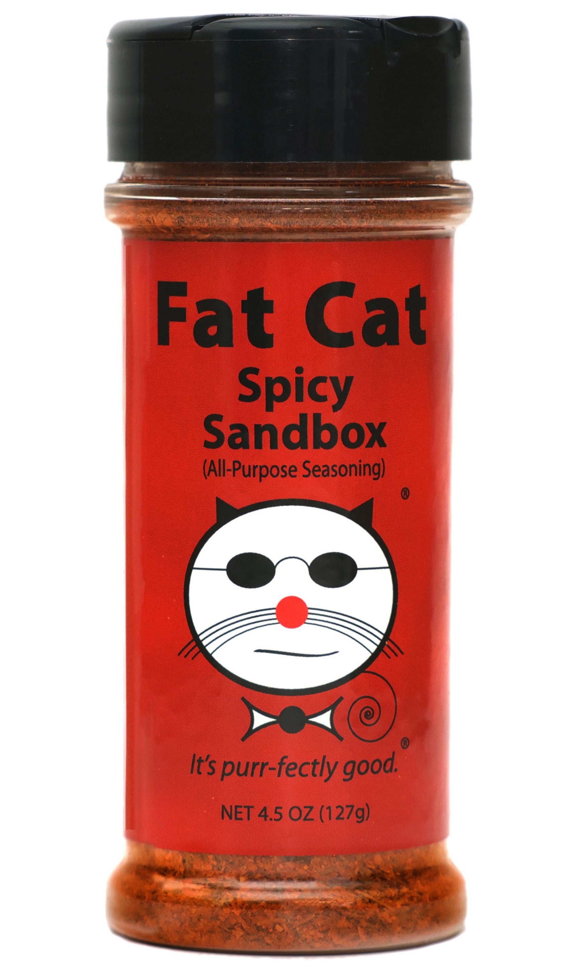 Jar of Fat Cat Spicy Sandbox All Purpose Seasoning on a white background