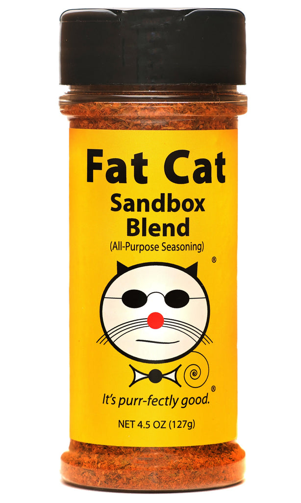 Jar of Fat Cat Sandbox Blend All-Purpose Seasoning on a white background