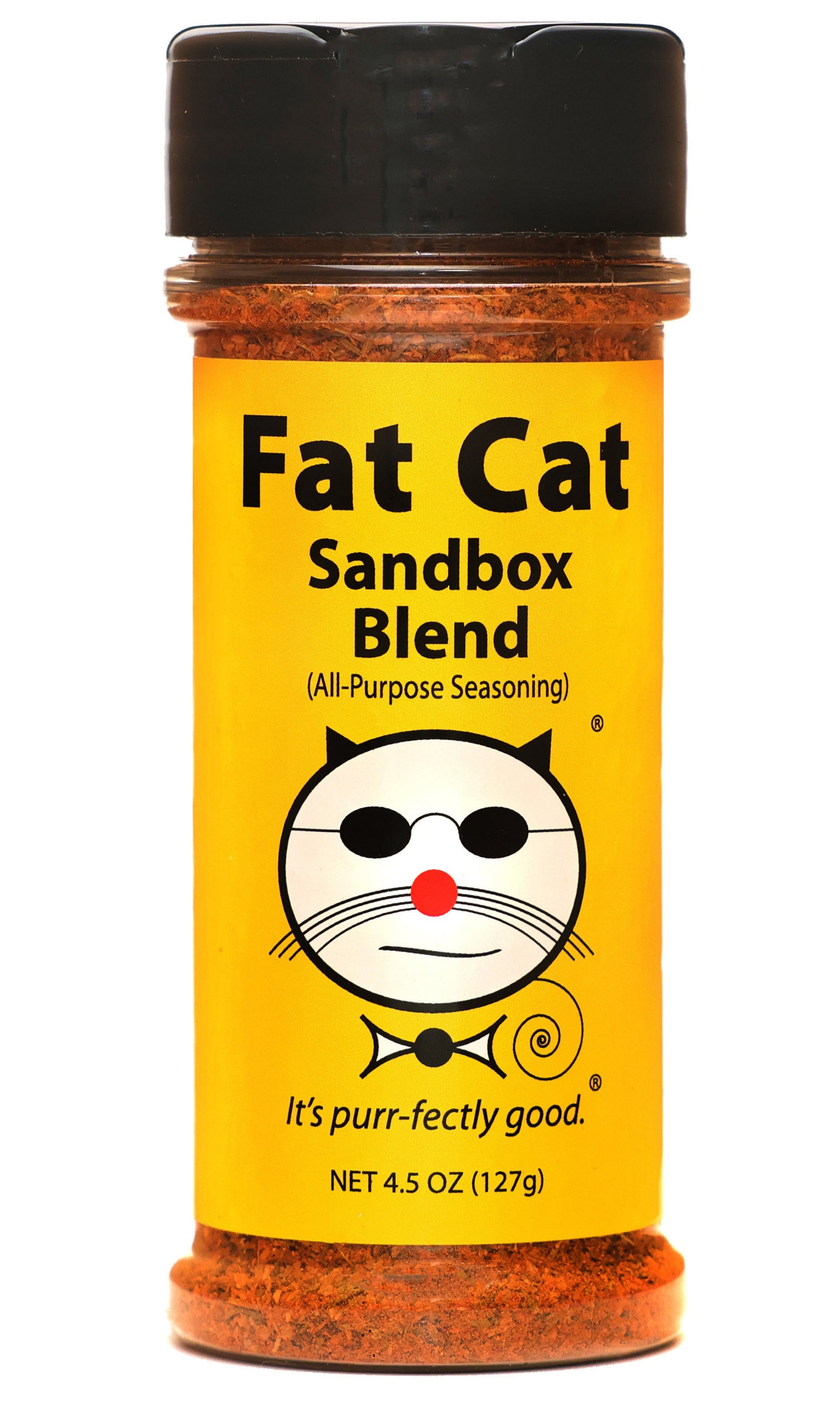 Jar of Fat Cat Sandbox Blend All-Purpose Seasoning on a white background