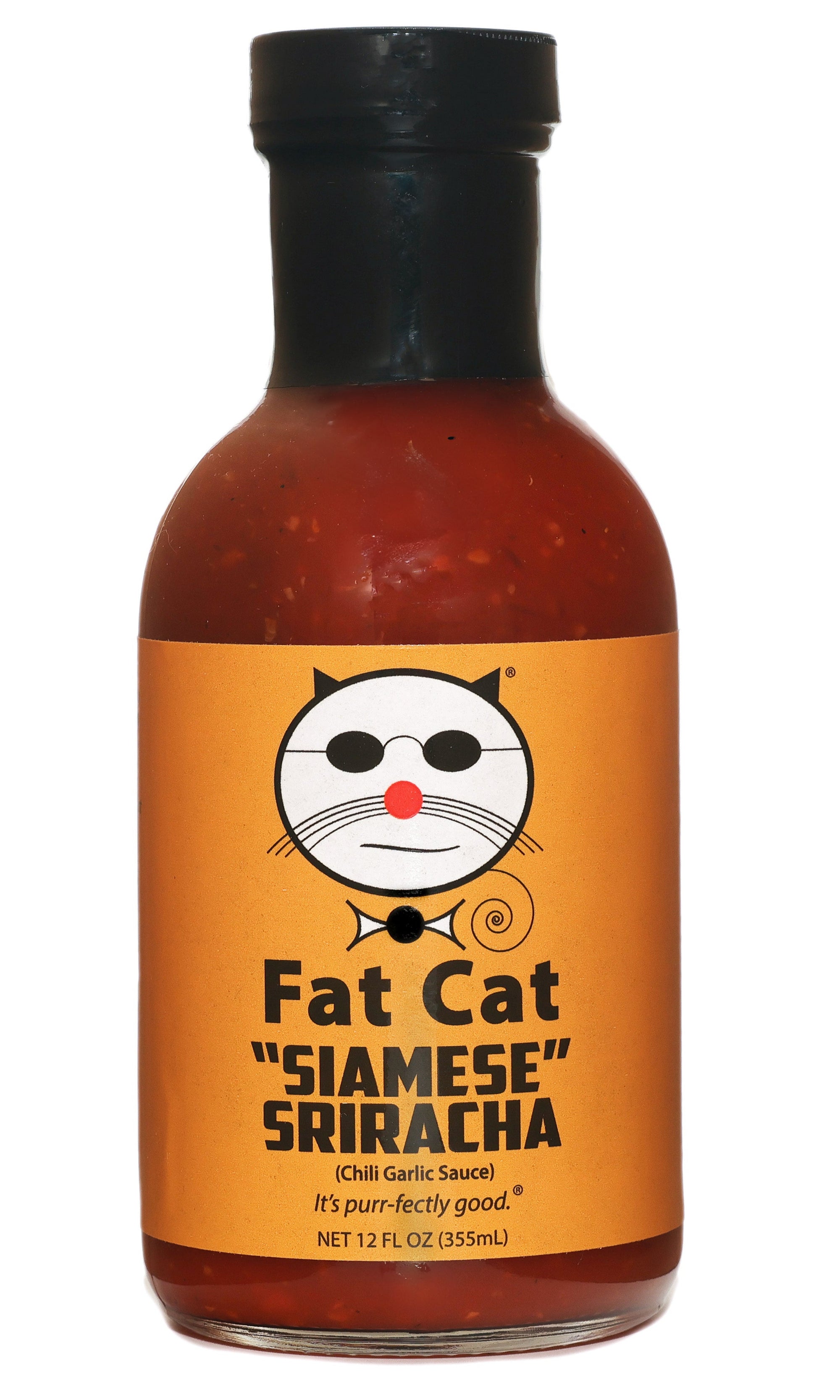 Bottle of Fat Cat Siamese Sriracha sauce on a white background